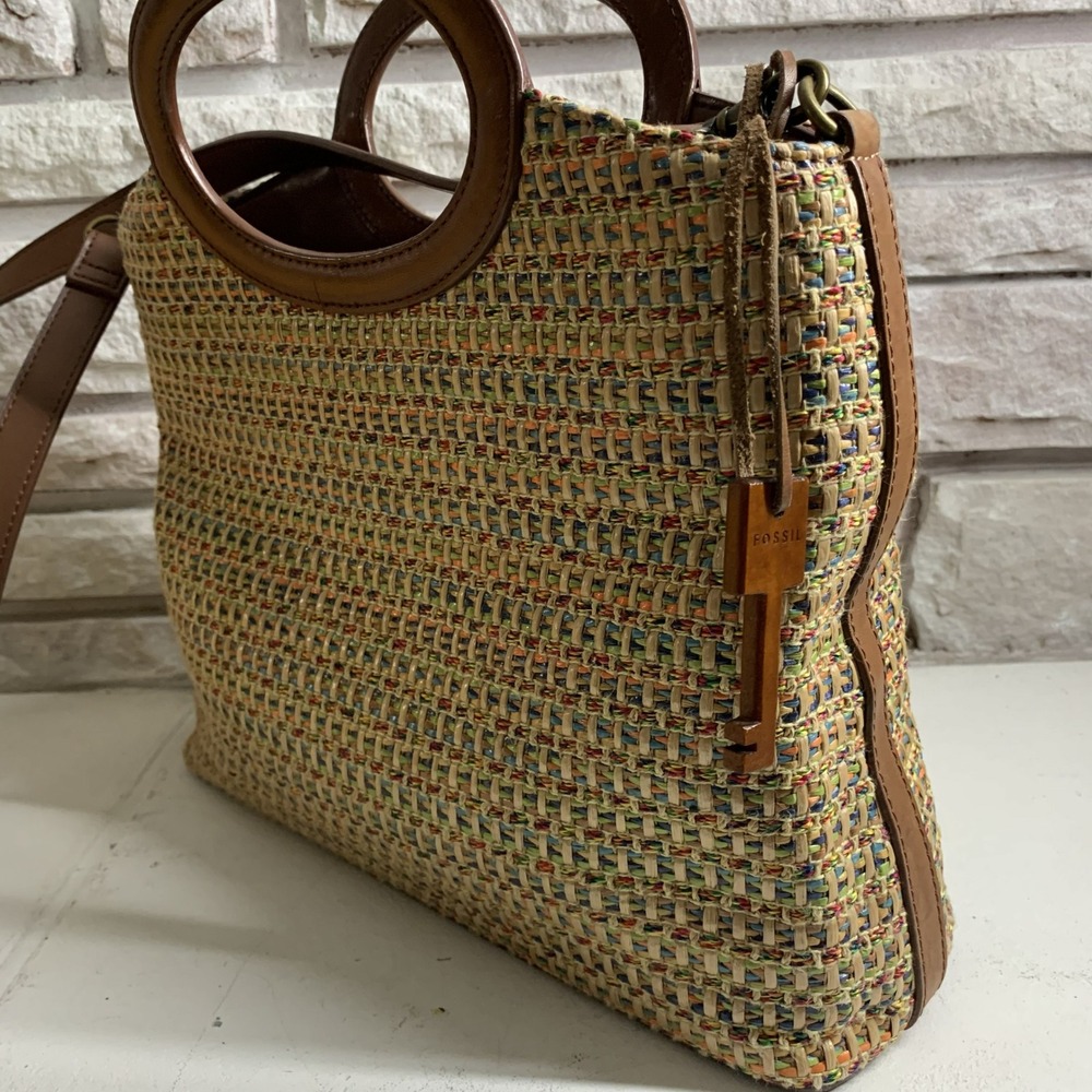 Fossil Woven Straw Leather Crossbody Handbag Multi Color 75082 Boho Tote - Picture 10 of 16